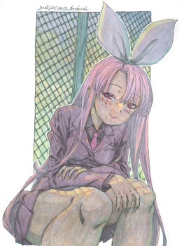 1girl against_fence animal_ear_hairband animal_ears black_shirt blush border breasts chain-link_fence commentary_request fake_animal_ears fence hairband hand_on_own_arm hand_on_own_knee highres jacket leaning_forward light_smile long_hair looking_at_viewer making-of_available marker_(medium) medium_breasts meiz narrowed_eyes necktie original outdoors outline painting_(medium) parted_bangs pink_eyes pink_hair pink_jacket pink_necktie pleated_skirt rabbit_ear_hairband rabbit_ears shirt sitting skirt solo straight_hair thick_thighs thighs traditional_media very_long_hair watercolor_(medium) white_border white_hairband white_outline