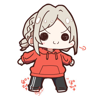 >:) 1girl absurdres black_pants braid c: ceras_yanagida_lilienfeld chibi chibi_only closed_mouth commentary_request full_body grey_hair hair_bun highres hood hood_down hoodie link!_like!_love_live! long_sleeves love_live! miyake_miu oofushi_ao pants parted_bangs red_hoodie seeno_de!_hasu_no_sora! side_braid sidelocks signature single_hair_bun smile solo sound_effects split_mouth standing track_pants v-shaped_eyebrows voice_actor_connection