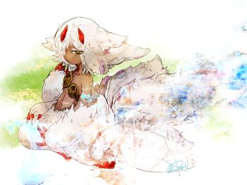 1girl animal_ears body_fur bright_pupils brown_eyes claws colored_eyelashes commentary_request dark-skinned_female dark_skin extra_arms eyes_visible_through_hair faputa made_in_abyss medium_hair multiple_tails navel ruka_(blueplus84) solo tail white_fur white_hair white_pupils white_tail