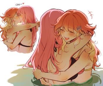 Rule 34 | +++, 2girls, amlichan, artist name, bikini, black bikini, blush, body freckles, breasts, closed eyes, commentary, cropped torso, english commentary, freckles, hair ornament, hairclip, heart, highres, hololive, hololive english, hug, kiss, large breasts, long hair, mori calliope, multiple girls, multiple views, open mouth, orange hair, partially submerged, pink hair, red bikini, simple background, smile, swimsuit, takanashi kiara, virtual youtuber, water, white background, yuri