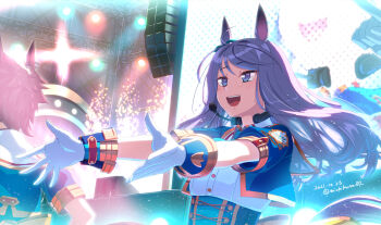 2girls animal_ears blue_jacket breasts brown_hair collared_shirt corset cropped_jacket dated diffraction_spikes floating_hair glorious_azure_costume_(umamusume) gloves headphones headphones_around_neck headset horse_ears horse_girl horse_tail indoors jacket long_hair mejiro_mcqueen_(umamusume) mejiro_ryan_(umamusume) microphone multiple_girls official_alternate_costume open_clothes open_jacket open_mouth outstretched_arms purple_eyes purple_hair screen shirt short_hair short_sleeves small_breasts smile solo_focus stage stage_lights sweat tail takuzui twitter_username umamusume upper_body white_gloves white_shirt