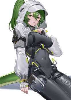 1girl absurdres arknights arknights:_endfield black_bodysuit black_gloves bodysuit breasts commentary covered_navel finger_to_mouth flat_color fluorite_(arknights) gloves green_eyes green_hair green_tail grey_gloves grey_hood hair_between_eyes hair_ornament hairclip highres hood hood_up hooded_shrug invisible_chair light_smile lizard_tail long_sleeves looking_at_viewer medium_breasts medium_hair molyb parted_lips pouch reptile_girl shrug_(clothing) shushing simple_background sitting snake_girl snake_tail solo strap tail thigh_pouch upper_body white_background