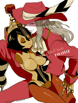 Rule 34 | 1boy, 1girl, ascot, breasts, closed eyes, elf, grey hair, hat, hat feather, instrument, jacket, kinako (marubotan), large breasts, long hair, lying, lying on person, muse (skullgirls), no arms, on back, pointy ears, red eyes, sitting, skullgirls, smile, taliesin (skullgirls), thigh gap, white background