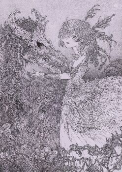 1girl breasts chimera commentary_request death decay dragon dragon_horns dress extra_faces fangs flesh from_side highres hollow_eyes horns ink_(medium) living_clothes looking_at_viewer mask_over_one_eye medium_hair monster_girl original parted_lips pile_of_corpses reaching reaching_towards_another ribs signature skg_(xezd) small_breasts solo surprised teeth traditional_media upper_teeth_only