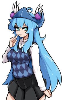 1girl black_skirt blue_eyes blue_hair blue_sweater_vest breasts collared_shirt commentary commission cowboy_shot double-parted_bangs english_commentary finger_to_mouth hand_up highres large_breasts long_hair long_sleeves looking_at_viewer miniskirt oninuer original parted_lips shirt simple_background skirt solo sweater_vest white_background white_shirt