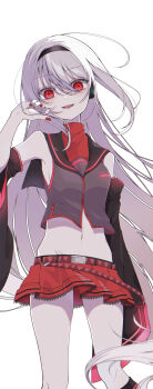 1girl absurdres albino bare_shoulders belt black_lace_trim black_sailor_collar black_sleeves breasts commentary_request cowboy_shot crop_top detached_sleeves empty_eyes floating_hair glowing_clothes grey_shirt groin head_tilt headphones highres hip_bones holding holding_own_hair lace lace-trimmed_skirt lace_trim layered_clothes light_blush long_hair looking_at_viewer loose_belt microskirt midriff navel open_mouth pale_skin pleated_skirt red_belt red_eyes red_nails red_skirt sailor_collar shirt sideboob skinny skirt sleeveless sleeveless_shirt sleeves_past_wrists small_breasts smile solo sukone_tei takae_(poupee_en_biscuit) utau very_long_hair white_background white_hair