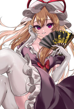 1girl blonde_hair breasts cleavage collarbone commentary dress elbow_gloves frills gloves hair_between_eyes hair_ribbon hand_fan hand_in_own_hair hat highres holding holding_fan large_breasts long_hair looking_at_viewer mob_cap nyumuji_ppp parted_lips purple_dress purple_eyes ribbon short_sleeves smile thighhighs thighs touhou white_background white_gloves white_thighhighs yakumo_yukari