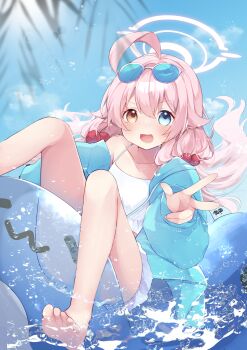 1girl absurdres ahoge bare_legs bare_shoulders bikini blue-tinted_eyewear blue_archive blue_eyes blue_jacket commentary_request eyewear_on_head frilled_bikini frills halo heterochromia highres hoshino_(blue_archive) hoshino_(swimsuit)_(blue_archive) inflatable_toy inflatable_whale jacket low_twintails official_alternate_costume okurakuma pink_hair pink_halo swimsuit tinted_eyewear twintails water white-framed_eyewear white_bikini yellow_eyes
