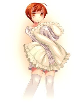 Rule 34 | 1boy, ahoge, ahoisy, androgynous, commentary request, cropped legs, feet out of frame, holding, holding pillow, hugging object, male focus, orange eyes, orange hair, original, pillow, shirt, short hair, shorts, sleeves past wrists, solo, thighhighs, white background, white shirt, white shorts, white thighhighs