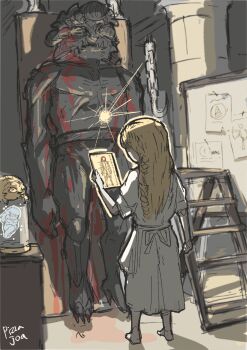 2boys asymmetrical_horns blonde_hair blood corpse elden_ring elden_ring:_shadow_of_the_erdtree fizoa12 highres holding holding_paper hook horns indoors jar ladder long_hair male_focus miquella_(elden_ring) mismatched_horns mohg_lord_of_blood multiple_boys multiple_horns paper robe short_sleeves single_horn spoilers stepladder teeth white_robe