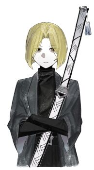 1boy absurdres asdf1211950 belt black_belt black_coat black_shirt black_sleeves blunt_ends closed_mouth coat commentary_request cropped_torso crossed_arms expressionless hair_intakes highres holding holding_sword holding_weapon korean_commentary lapels layered_sleeves limbus_company long_sleeves looking_at_viewer male_focus open_clothes open_coat pale_skin parted_bangs project_moon sheath sheathed shirt short_over_long_sleeves short_sleeves sinclair_(project_moon) solo straight-on sword sword_tassel tassel turtleneck turtleneck_shirt undershirt weapon white_background yellow_eyes