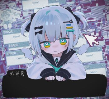 1girl abstract_background aqua_bow aqua_bowtie aqua_eyes black_bow black_sailor_collar blush bow bowtie closed_mouth cropped_torso cursor detached_wings dialogue_box error_message grey_hair hair_bow hair_ornament hairclip head_tilt heart heart-shaped_pupils highres long_sleeves looking_at_viewer memeshii_(utau) mini_wings multicolored_eyes multiple_hair_bows nameless_fyq sailor_collar school_uniform serafuku shirt short_hair signal_bar smile solo symbol-shaped_pupils two-tone_eyes two_side_up upper_body white_shirt window_(computing) wings yellow_eyes