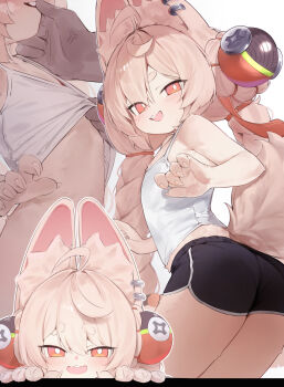 1girl alternate_costume animal_ears black_shorts braid breasts furry furry_female highres loli long_hair looking_at_viewer open_mouth pink_fur pink_hair rabbit_ears rabbit_girl rabbit_tail red_eyes shirt shorts small_breasts smile solo tail teeth theflatfacadeds twin_braids upper_teeth_only very_long_hair white_shirt zenless_zone_zero zhao_(zenless_zone_zero)