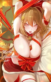 1girl absurdres ahoge alternate_costume anis_(nikke) arms_up between_breasts bow breasts brown_hair commentary condom condom_wrapper english_commentary fur-trimmed_skirt fur_trim goddess_of_victory:_nikke heart heart-shaped_pupils highres houh888 huge_breasts lying merry_christmas miniskirt on_side pink_eyes red_bow red_ribbon red_skirt ribbon skirt solo symbol-shaped_pupils tongue tongue_out