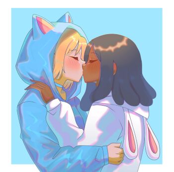 Rule 34 | 2girls, amaryllis (dr. stone), animal ears, animal hood, black hair, blonde hair, blue background, blue choker, blue hoodie, blush, cat ears, cat hood, choker, closed eyes, dark-skinned female, dark skin, dr. stone, dreadlocks, from side, highres, holding, hood, hoodie, implied yuri, interracial, kiss, kohaku (dr. stone), koharyllis, light blush, long sleeves, medium hair, multiple girls, rabbit hood, short hair, sidelocks, simple background, very dark skin, white hoodie, yuri