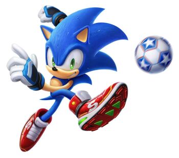 1boy 3d ball gloves green_eyes grin kicking looking_at_viewer male_focus shoes smile sneakers soccer soccer_ball sonic_(series) sonic_the_hedgehog source_request sweat