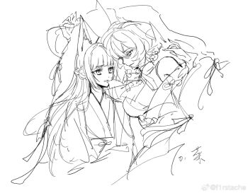 Rule 34 | 2girls, alternate costume, alternate hairstyle, animal ear fluff, animal ears, artist request, blunt bangs, closed mouth, commission, fox ears, fox girl, hair between eyes, highres, hoshimi miyabi, long hair, looking at another, monochrome, multiple girls, parted lips, sidelocks, sketch, smile, tsukishiro yanagi, watermark, weibo watermark, yuri, zenless zone zero