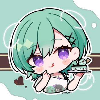 1girl :q blush_stickers cake cake_slice chibi chibi_only closed_mouth commentary_request cropped_torso food green_background green_hair hair_ornament jewelry kashiwase_karune mint_chocolate necklace outline purple_eyes shirt short_hair short_sleeves smile solo tongue tongue_out virtual_youtuber vspo! white_outline white_shirt x_hair_ornament yakumo_beni