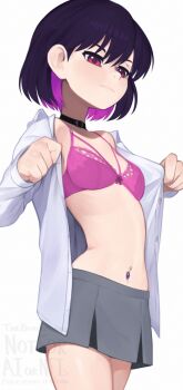 1girl black_choker black_hair borrowed_character bra breasts choker colored_inner_hair commentary cowboy_shot english_commentary english_text grey_skirt hair_between_eyes highres long_sleeves minori_yume_(jourd4n) multicolored_hair navel_piercing open_clothes open_shirt original piercing pink_bra pink_hair red_eyes shirt short_hair simple_background skirt small_breasts solo two-tone_hair underwear undressing watermark white_background white_shirt yoako