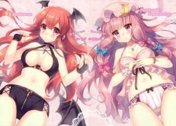 2girls absurdres babydoll bat_wings black_gloves black_shorts black_wings bow bracelet breasts character_name closed_mouth crease crescent crescent_hat_ornament crotch_zipper doily gloves hat hat_ornament head_wings highres jewelry koakuma long_hair looking_at_viewer lying masaru.jp medium_breasts micro_shorts mob_cap multiple_girls navel necklace on_back panties patchouli_knowledge pink_babydoll pink_bow pink_panties purple_bow purple_eyes purple_hair purple_hat red_eyes scan shorts striped_clothes striped_panties third-party_source touhou translation_request triangle_mouth underwear very_long_hair wings