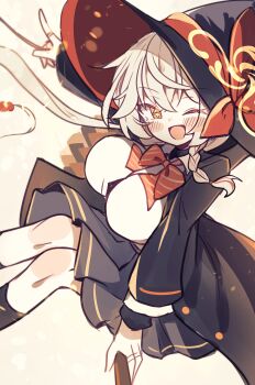 1girl absurdres black_hat black_skirt blue_archive bow bowtie braid breasts broom broom_riding damao_(kiwa777) eri_(blue_archive) hat highres large_breasts large_hat one_eye_closed open_mouth red_bow red_bowtie shirt skirt solo white_hair white_shirt witch witch_hat