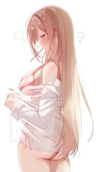 Rule 34 | 1girl, arms at sides, ass, blush, bra, breasts, brown hair, commentary, gakuen idolmaster, half-closed eyes, highres, himesaki rinami, holding, holding shirt, holding unworn clothes, idolmaster, large breasts, long hair, looking down, mei hinamatsu, off-shoulder shirt, off shoulder, panties, pink bra, pink panties, purple eyes, see-through clothes, shirt, side-tie panties, simple background, solo, symbol-only commentary, thighs, toothbrush, toothbrush in mouth, underwear, unworn shirt, white background, white shirt