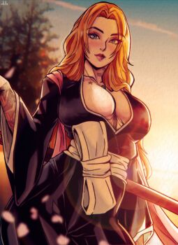 1girl bleach blue_eyes breasts cleavage large_breasts long_hair matsumoto_rangiku mole mole_under_mouth nico_artooo orange_hair solo