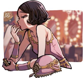 1girl applying_lipstick applying_makeup black_eyes black_hair blurry blurry_background cosmetics curly_ends eye_glitter from_side gold_trim hat holding holding_lipstick_tube identity_v leotard lipstick_tube looking_ahead margaretha_zelle pink_leotard pink_wrist_cuffs profile red_lips satou_saori short_hair solo transparent_background unworn_hat unworn_headwear wrist_cuffs