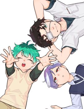 Rule 34 | 3boys, :o, aged down, amayado rei, aqua hair, arms behind head, black hair, black shirt, blue vest, breast pocket, brown pants, choppy bangs, closed eyes, collarbone, collared shirt, commentary request, curtained hair, dotsuitare hompo, eyepatch, from above, green eyes, hypnosis mic, layered shirt, layered sleeves, long sleeves, looking at viewer, looking up, lying, male focus, medical eyepatch, multicolored hair, multiple boys, nurude sasara, on back, outstretched arms, pants, parted bangs, parted lips, partially unbuttoned, pocket, purple hair, raised eyebrows, red eyes, school uniform, shirt, short hair, short sleeves, simple background, smile, spread fingers, streaked hair, t-shirt, tamago toji, teeth, tsutsujimori rosho, upper body, upper teeth only, v-shaped eyebrows, very short hair, vest, wavy hair, white background, white shirt, white streaks, yellow shirt