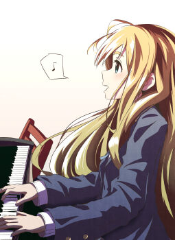 1girl absurdres asuka_(pixiv82529874) blonde_hair blue_eyes blue_jacket eighth_note from_side highres instrument jacket k-on! kotobuki_tsumugi layered_sleeves long_hair long_sleeves looking_up music musical_note open_mouth piano playing_instrument playing_piano simple_background singing smile solo spoken_musical_note synthesizer thick_eyebrows upper_body white_background