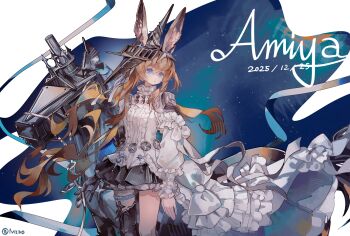 1girl absurdres amiya_(arknights) amiya_(guard)_(arknights) amiya_(guard)_(in_a_myriad_of_universes)_(arknights) animal_ear_fluff animal_ears arknights black_skirt blue_eyes brown_hair character_name chinese_commentary commentary_request dated frills gauntlets highres long_hair mido_(mido_chen) miniskirt official_alternate_costume open_mouth rabbit_ears rabbit_girl shirt single_gauntlet skirt solo white_shirt