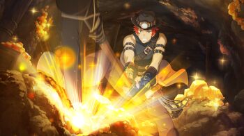 1boy anime_coloring arm_belt belt black_belt black_gloves black_hat black_shirt brown_pants cave_interior danmachi_battle_chronicle dungeon_ni_deai_wo_motomeru_no_wa_machigatteiru_darou_ka fedora foreshortening game_cg gloves glowing gold grey_eyes grin hat highres holding holding_pickaxe lantern looking_down male_focus mining non-web_source official_alternate_costume official_art pants pickaxe red_hair rope shirt short_hair sleeveless sleeveless_shirt smile solo welf_crozzo