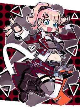 :d absurdres afterglow_(bang_dream!) bang_dream! bang_dream!_girls_band_party! belt boots bourbunbun chain commentary ear_piercing english_commentary gloves green_eyes hair_ornament hairclip halftone highres jacket midriff necktie open_mouth piercing pink_hair plump ponytail red_jacket skirt smile uehara_himari v