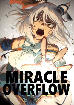 1girl absurdres animal_ears bare_shoulders blue_dress breasts brown_eyes commentary_request dress ear_covers english_text grey_hair hasewo highres hishi_miracle_(miracle_make-up!)_(umamusume) hishi_miracle_(umamusume) horse_ears horse_girl large_breasts long_sleeves looking_at_viewer medium_hair open_mouth outstretched_arm reaching reaching_towards_viewer solo teeth umamusume white_dress wrist_cuffs