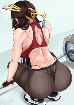 1girl absurdres ass back barbell bare_shoulders beidou_(genshin_impact) black_gloves breasts brown_hair exercising fingerless_gloves genshin_impact gloves half_updo highres large_breasts long_hair loooyd muscular muscular_female pantyhose shoes sneakers solo sports_bra squatting thighs whale_tail_(clothing)