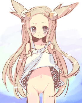 1girl brown_eyes brown_hair clothes_lift dress dress_lift female_focus gym_leader jasmine_(pokemon) loli long_hair nakamura_sandayo nintendo no_panties pokemon pokemon_gsc pussy shiny_skin skinny solo sundress thigh_gap two_side_up very_long_hair