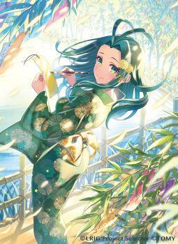 1girl antenna_hair calligraphy_brush closed_mouth copyright_request flower green_eyes green_hair green_kimono hair_flower hair_ornament holding holding_calligraphy_brush holding_paintbrush japanese_clothes kimono looking_at_viewer madopen medium_hair midoriko_(wixoss) official_art paintbrush qixi_festival smile solo wixoss
