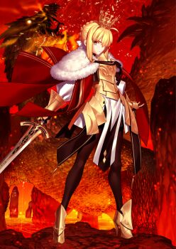 1girl ahoge armor armored_boots armored_dress artoria_pendragon_(fate) black_pantyhose blonde_hair boots braid cape closed_mouth crown dragon dress fate/grand_order fate_(series) fur-trimmed_cape fur_trim gauntlets green_eyes holding holding_sword holding_weapon lava looking_at_viewer lord_logres_(fate) lord_logres_(first_ascension)_(fate) official_art pantyhose plate red_background short_hair solo sword takeuchi_takashi third-party_source weapon white_dress