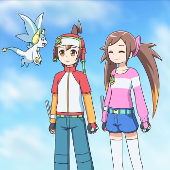 1boy 1girl :d ^_^ ahoge badge beanie belt belt_buckle black_gloves blue_eyes blue_pants blue_shorts blue_sky blush bracer brass_knuckles brown_hair buckle button_badge clenched_hands closed_eyes closed_mouth cloud cloudy_sky collarbone colored_tips commentary commission cowboy_shot creature day dot_nose dragon earflap_beanie facing_another fingerless_gloves gloves hair_ornament hat hat_ornament highres horizontal-striped_clothes iroha_(p&amp;d) jacket kato-shun layered_sleeves legs_apart lightning_ahoge long_hair long_sleeves looking_at_creature midair multicolored_hair multicolored_jacket open_mouth orange_eyes orange_sleeves outdoors pants pink_shirt pixiv_commission puzzle_&amp;_dragons puzzle_&amp;_dragons_z red_hat red_jacket shirt short-sleeved_jacket short_hair short_shorts short_sleeves shorts sky smile standing syrup_(p&amp;d) turtleneck turtleneck_jacket two-tone_hair two-tone_jacket weapon white_dragon white_jacket z_(p&amp;d) zipper