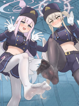 2girls absurdres blonde_hair blue_archive blush feet hat highres hikari_(blue_archive)_(cosplay) long_hair looking_at_viewer mika_(blue_archive) multicolored_eyes multiple_girls nagisa_(blue_archive) nozomi_(blue_archive)_(cosplay) open_mouth pantyhose pink_hair smile soles steam toes twintails two-tone_eyes urin_(littleurin) white_pantyhose wings yellow_eyes