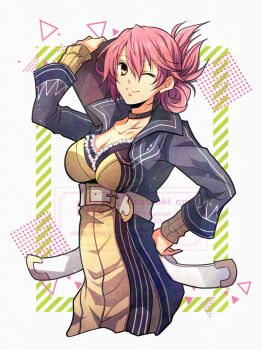 Rule 34 | 1girl, breasts, cleavage, clipboard, double-parted bangs, eiyuu densetsu, hair between eyes, hair bun, hand on own hip, holding, holding clipboard, large breasts, looking at viewer, one eye closed, pink hair, sara valestein, satsuki (chaosmode), sen no kiseki (series), sen no kiseki i, simple background, smile, solo, upper body, watermark, yellow eyes