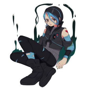 1girl animification apex_legends black_boots black_eyes black_hair black_jacket black_pantyhose black_shorts blonde_hair boots catalyst_(apex_legends) clothing_cutout crescent crescent_necklace cropped_jacket flat_chest frown green_nails grey_sweater hair_behind_ear hair_between_eyes jacket jewelry liquid looking_at_viewer multicolored_hair namjak necklace pantyhose ribbed_sweater shorts shoulder_cutout sitting solo streaked_hair sweater white_background