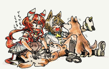 2girls animal_ears belly_rub black_gloves brown_hair brown_pantyhose catchphrase cheval_grand_(umamusume) commentary_request dog ear_covers gem gloves green_eyes green_gem grey_background hair_between_eyes hat holding holding_unworn_clothes holding_unworn_hat horse_ears horse_girl licking long_hair medium_request morisshii_(morishiey) motion_lines multicolored_hair multiple_girls neck_ribbon pantyhose peaked_cap red_hair ribbon shoes short_hair skirt traditional_media translated two-tone_hair umamusume unworn_hat unworn_headwear white_hat white_skirt white_streaks win_variation_(umamusume)