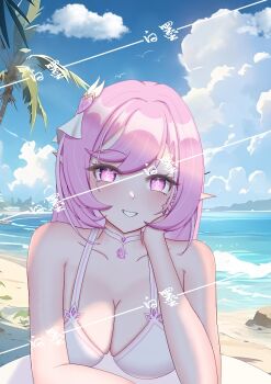 1girl alternate_costume bai_mo_official beach bikini blue_sky breasts chinese_commentary cleavage cloud commentary_request diamond-shaped_pupils diamond_(shape) elf elysia_(herrscher_of_human:_ego)_(honkai_impact) elysia_(honkai_impact) hair_ornament honkai_(series) honkai_impact_3rd large_breasts long_hair looking_at_viewer ocean outdoors pink_hair pointy_ears purple_eyes signet_of_ego sky smile solo swimsuit symbol-shaped_pupils very_long_hair watermark white_bikini