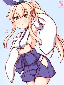 1girl :< alternate_breast_size alternate_hairstyle armpits blonde_hair blue_hairband blue_hakama blue_ribbon breasts brown_eyes clothing_cutout commentary_request cowboy_shot detached_sleeves hairband hakama hakama_shorts hakama_skirt hip_vent japanese_clothes kanon_(kurogane_knights) kantai_collection kimono kosode long_hair medium_breasts miko one-hour_drawing_challenge ponytail presenting_armpit presenting_sideboob puff_of_air ribbon shimakaze_(kancolle) shorts skirt solo white_kimono wide_sleeves