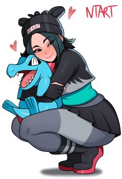 1boy 1girl artist_name beanie black_boots black_skirt blush boots closed_mouth crop_top eyeshadow fingerless_gloves full_body gen_2_pokemon gloves green_hair grey_eyes grey_pantyhose hat heart highres holding holding_pokemon hug long_sleeves looking_at_viewer makeup medium_hair miniskirt mole mole_under_mouth naughty_taboos nintendo original pantyhose parted_bangs pleated_skirt pokemon pokemon_(creature) pokemon_legends:_z-a simple_background skirt smile squatting thighs tiptoes totodile undershirt white_background