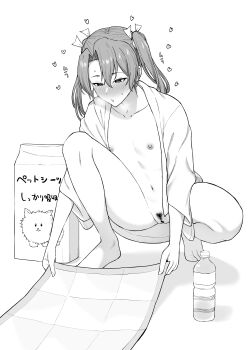 1girl absurdres aroused barefoot blush bottle breath censored female_pubic_hair flat_chest greyscale hair_between_eyes hair_ribbon heart highres imminent_masturbation kantai_collection monochrome navel nipples nose_blush open_clothes open_shirt pee_pad pubic_hair pussy ribbon shirt simple_background solo squatting sweat takaman_(gaffe) twintails water_bottle zuikaku_(kancolle)
