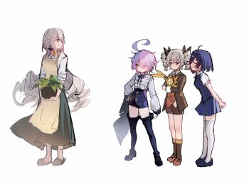 4girls aged_up ahoge apron black_boots blue_hair blue_skirt blue_vest boots bow bronya_zaychik bronya_zaychik_(wolf's_dawn) brown_apron brown_bow brown_jacket brown_socks closed_eyes closed_mouth drill_hair earrings green_skirt grey_eyes grey_hair hair_bow hair_over_one_eye heterochromia highres holding holding_plant honkai_(series) honkai_gakuen jacket jewelry multiple_girls pink_hair plant polka_dot polka_dot_bow purple_eyes purple_hair purple_shorts seele_vollerei seele_vollerei_(azure_memories) seele_vollerei_(swallowtail_phantasm) shirt shorts simple_background sin_mal sin_mal0909 skirt socks thigh_boots thighhighs twin_drills vest white_background white_shirt white_thighhighs yellow_eyes