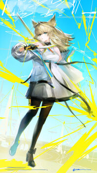 1girl animal_ears arknights arknights:_endfield bare_shoulders belt bird_ears bird_girl black_pantyhose black_shoes blue_eyes breasts chinese_commentary commentary_request dress floating_hair full_body gloves grey_hair hand_up high-waist_belt high_heels highres holding holding_wand jacket long_hair medium_breasts multicolored_gloves off_shoulder open_clothes open_jacket pantyhose parted_lips perlica_(arknights) quilted_jacket shoes solo turning_head two-sided_gloves two-tone_gloves wand white_dress white_jacket yomi_tamashi