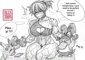 &gt;_&lt; ^^^ abs alternate_muscle_size artalexc bandana biceps blush bra breasts cellphone choker cigarette cleavage cleavage_cutout closed_eyes clothing_cutout dumbbell ear_piercing earrings english_text exercising female_pubic_hair fingerless_gloves gen_1_pokemon gloves headband heart_cutout highleg holding jewelry landscape large_breasts misty_(pokemon) muscular muscular_female navel navel_piercing neck_bell nintendo obliques open_mouth phone piercing pikachu pokemon pokemon_(anime) pokemon_(classic_anime) pokemon_rgby ponytail psyduck pubic_hair short_hair shorts sitting smartphone smile smoking sports_bra sportswear steam steaming_body sweat talking tank_top thick_arms thick_thighs thighs underwear veins veiny_arms weightlifting weights wet